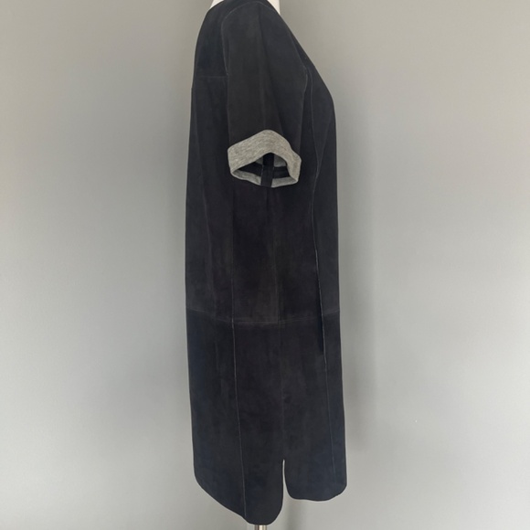 VINCE Navy Bonded Suede Night Out Navy Shift High Low Goat Leather Dress - Picture 7 of 15